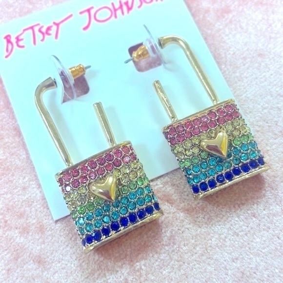 Brand New Betsey Johnson All You Need is Love Locket Crystal Rainbow Earrings - Picture 8 of 14